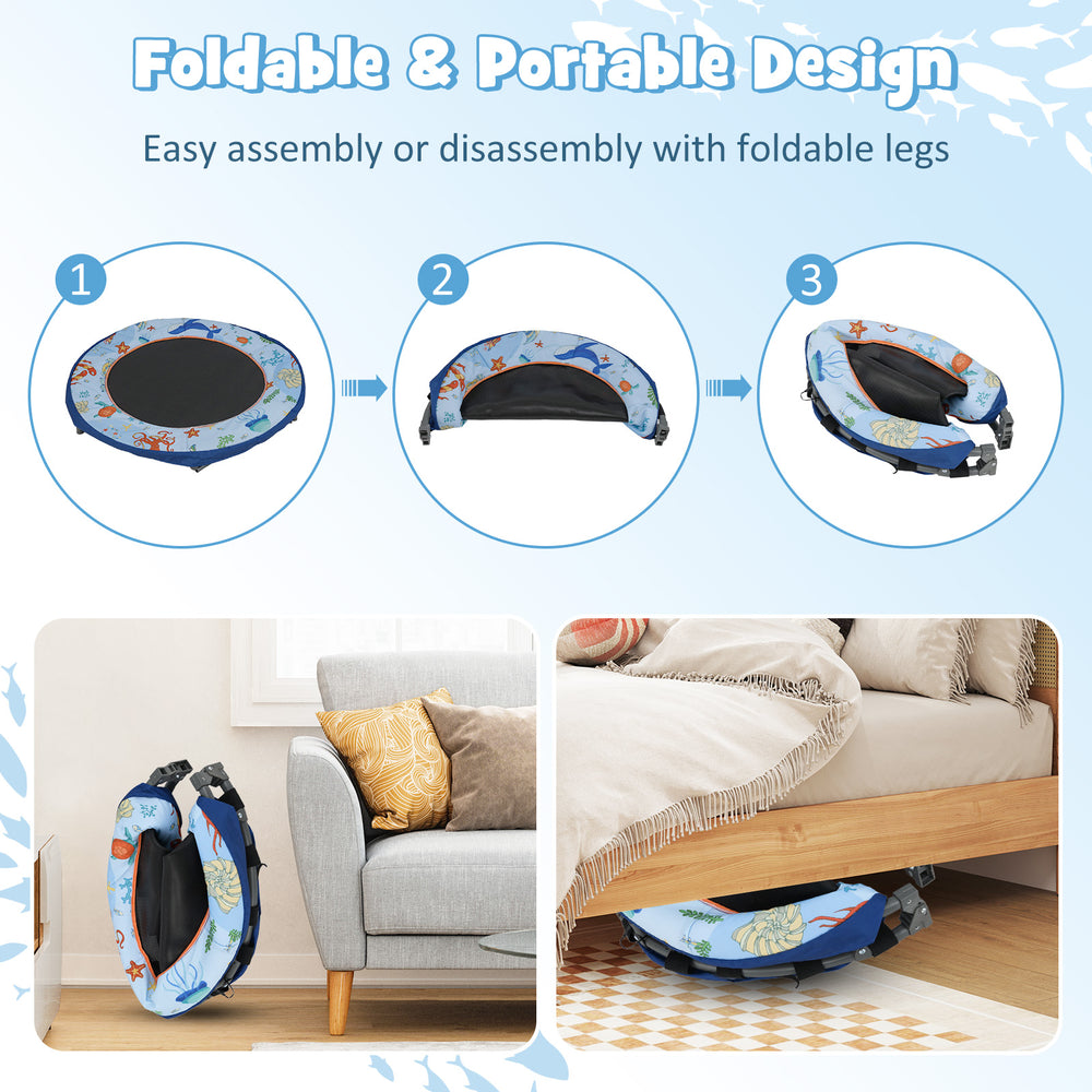 Mini trampoline with foldable legs, LED lights, and padded safety cover, perfect for kids' active play in small spaces.