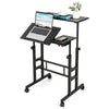 Mobile stand-up computer desk in black with adjustable height and tilting surfaces, ideal for small spaces and easy.