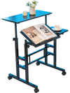 Mobile stand-up computer desk in black with adjustable tilting desktops, ideal for small spaces and versatile use.