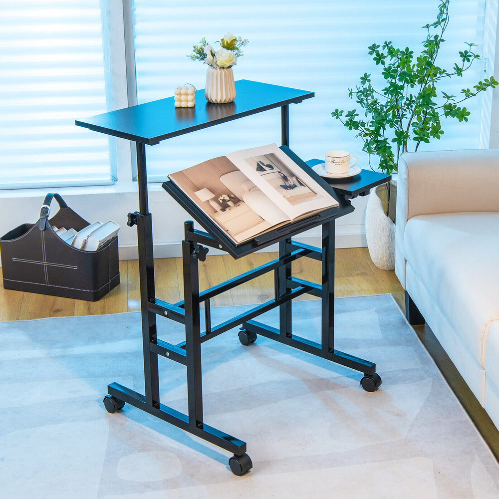 Mobile Stand-up Computer Desk Adjustable with 2 Tilting Desktops-Black - Gallery View 1 of 10