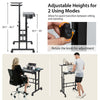 Mobile stand-up computer desk in black with adjustable height and tilting desktops, ideal for versatile workspace use.