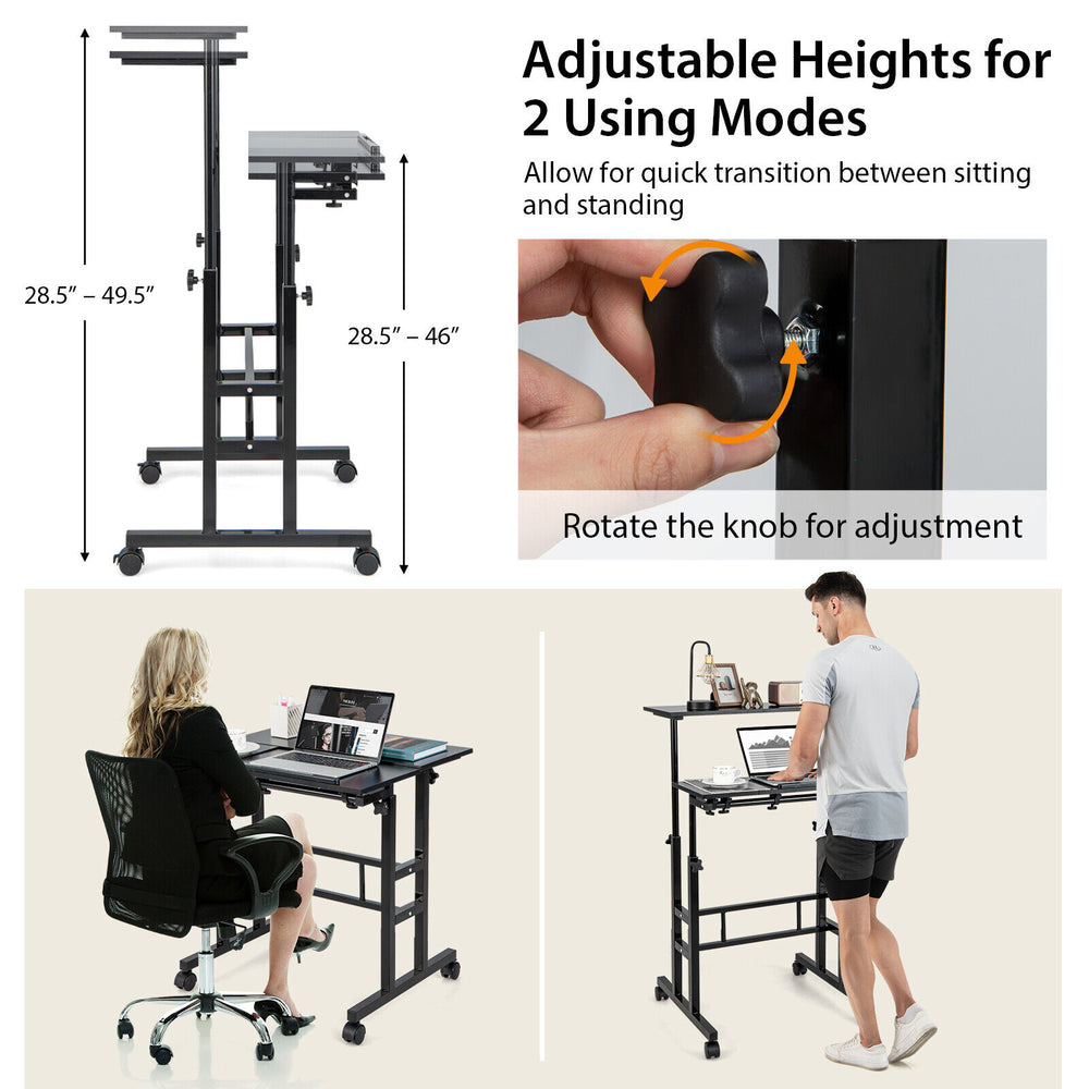 Mobile stand-up computer desk in black with adjustable height and tilting desktops, ideal for versatile workspace use.