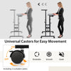 Mobile stand-up computer desk with adjustable height and tilting desktops, featuring 4 casters for easy movement.