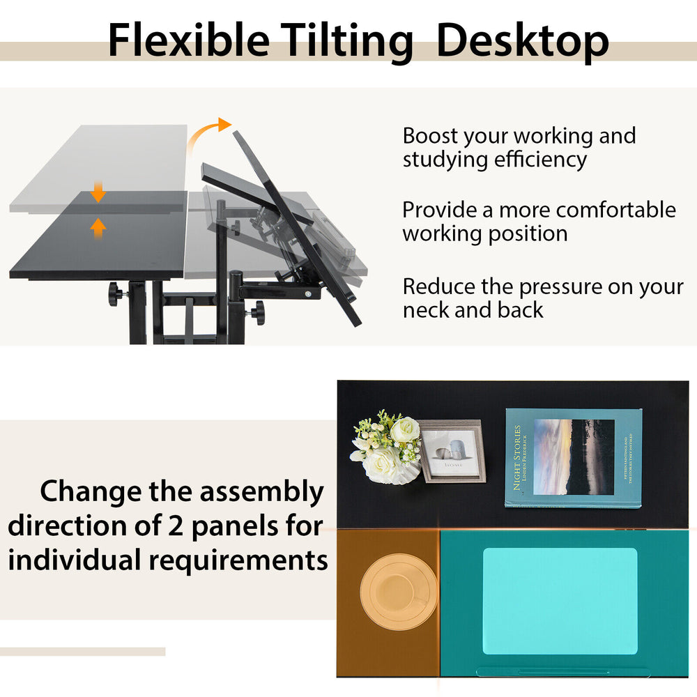 Mobile stand-up computer desk with adjustable tilting desktops, black, ideal for cozy working and studying in small.
