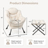 Dimensions of the beige modern accent sofa chair and folding footrest, highlighting compact storage and comfortable.