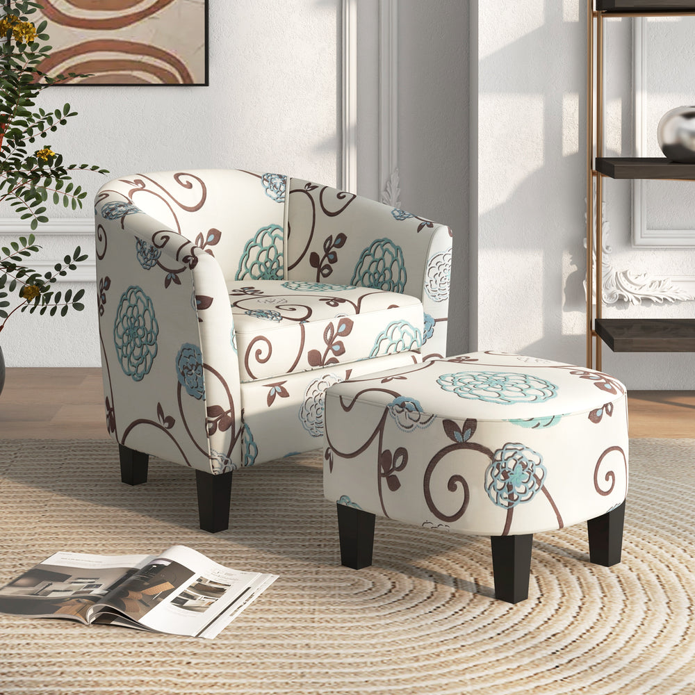 Accent tub chair with floral upholstery and solid wood legs, featuring a U-shaped backrest for maximum comfort.