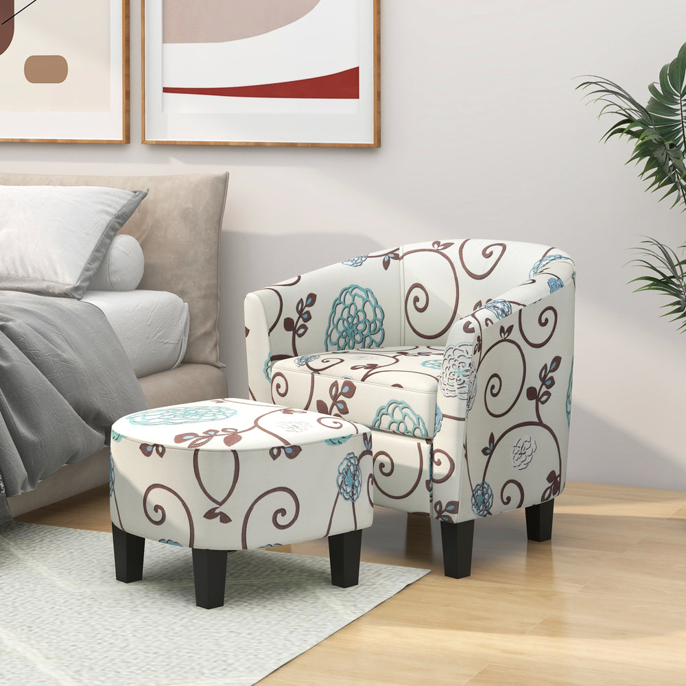 Modern accent tub chair and ottoman set with fabric upholstery, featuring a chic design for living room or bedroom use.