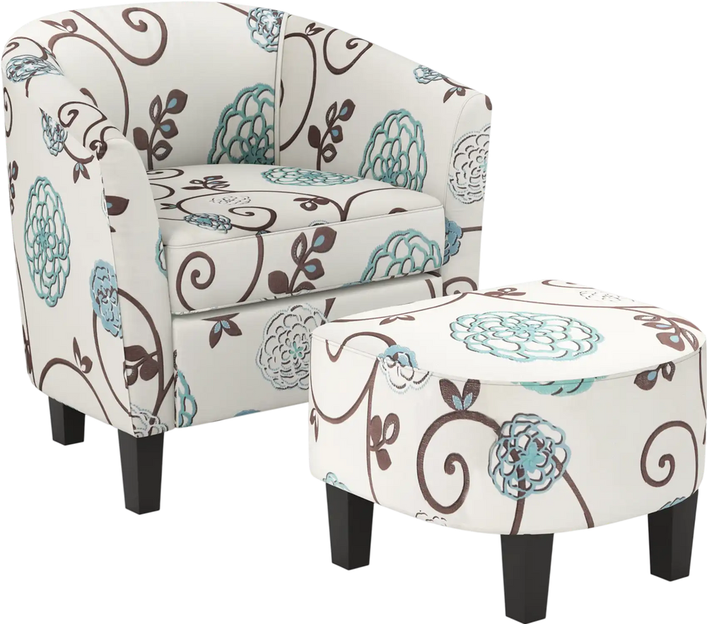 Modern accent tub chair and ottoman set with floral fabric upholstery, ideal for living room or bedroom decor.