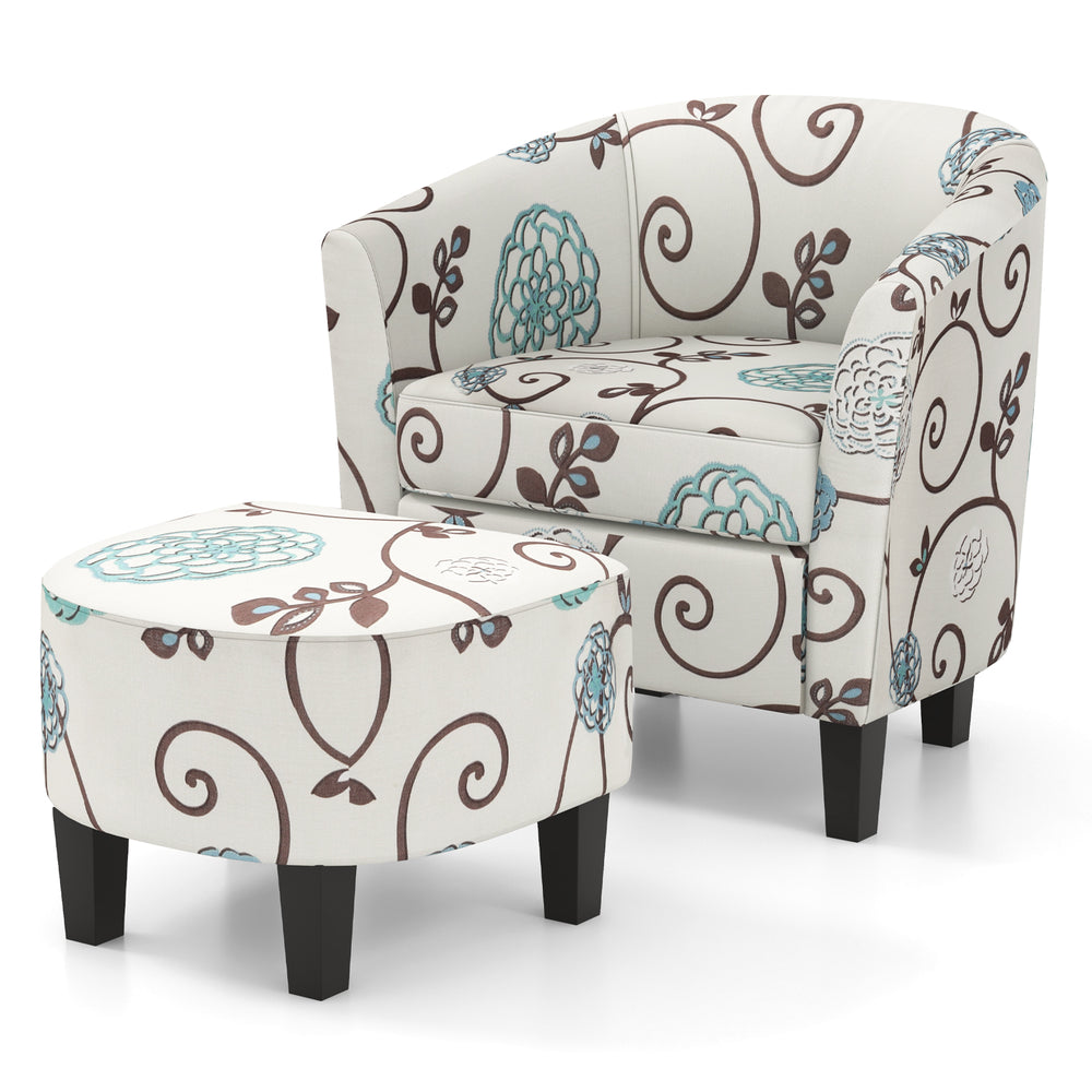 Modern accent tub chair and ottoman set with beige fabric upholstery, ideal for living room or bedroom relaxation.