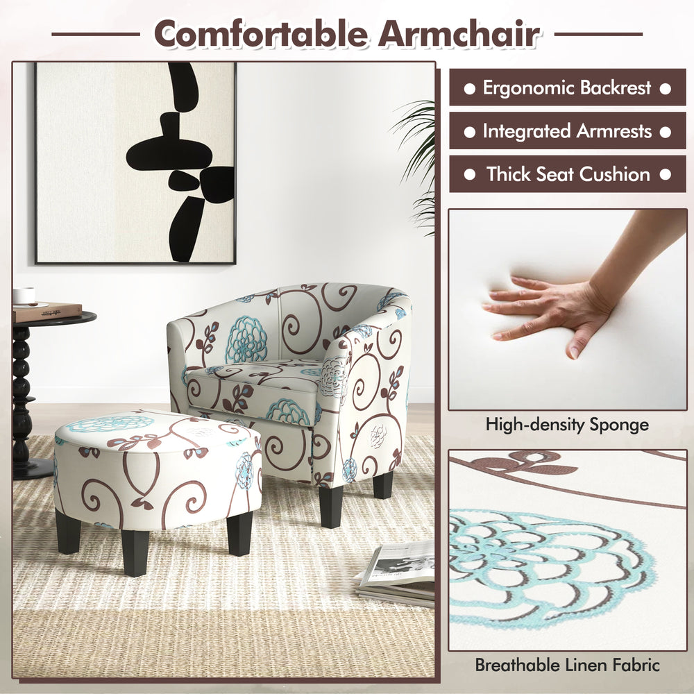 Modern accent tub chair and ottoman set in beige with breathable linen fabric, ideal for living room or office use.