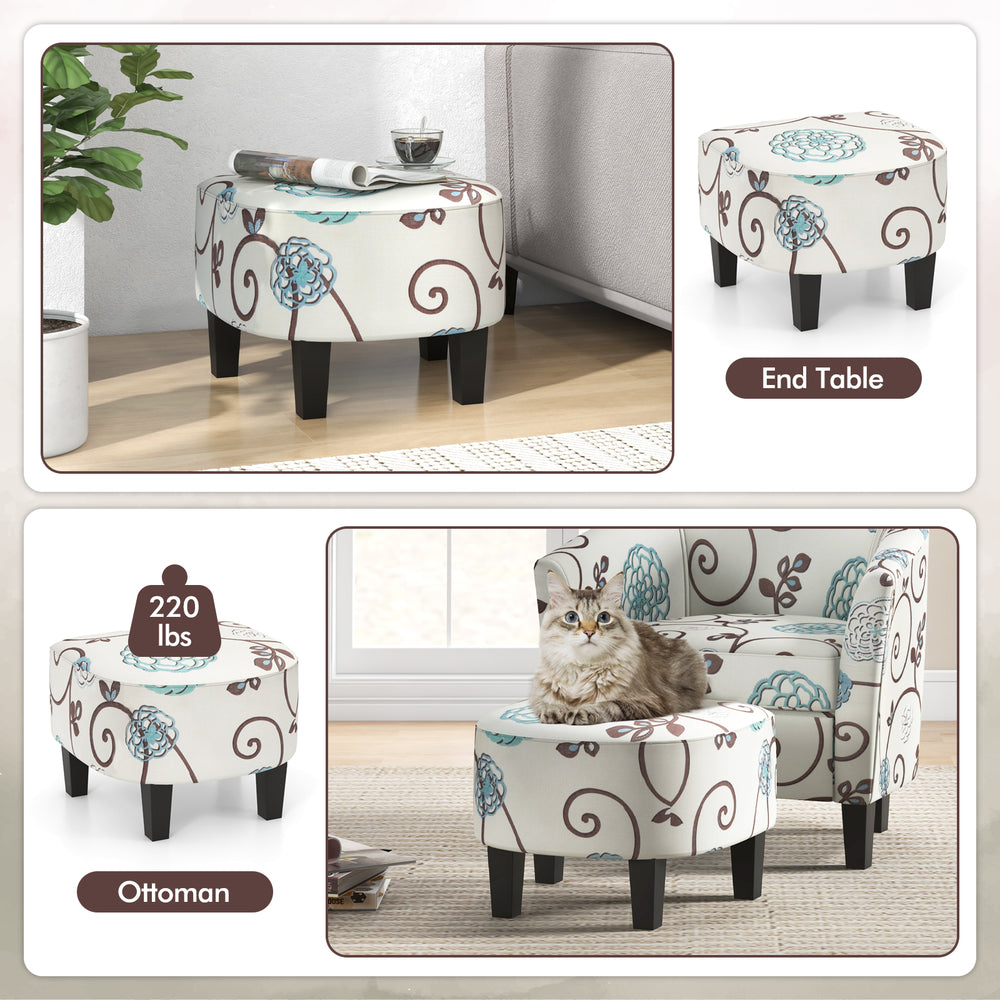 Ottoman with floral fabric upholstery, solid wood legs, 220 lbs capacity, ideal as a footrest or tea table.