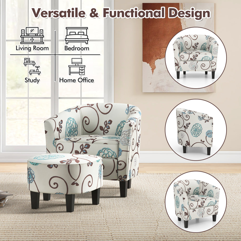 Modern accent tub chair and ottoman set with beige fabric upholstery, ideal for living room or bedroom use.