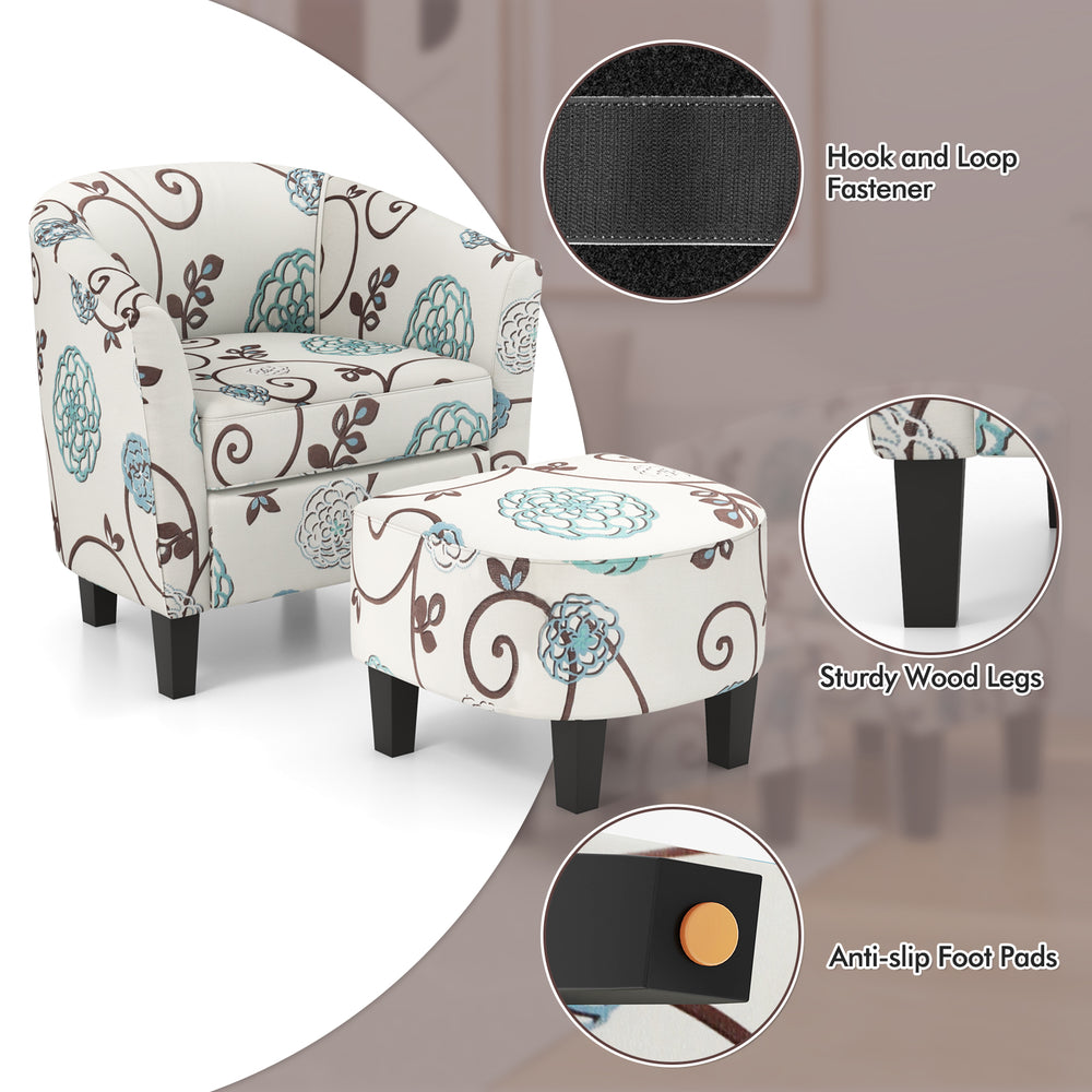 Modern accent tub chair and ottoman set with beige fabric upholstery, sturdy wood legs, and anti-slip foot pads for.