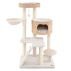 Modern cat tree featuring a spacious perch, hanging basket, and cozy condo for indoor cats, made with natural cattail.