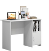 Modern white computer desk featuring an open shelf and cabinet, ideal for study or office use with cable management.