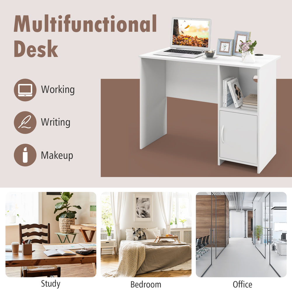 Modern white computer desk with cabinet and open shelf, ideal for study, bedroom, or office use.
