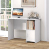 Modern white computer desk featuring a spacious top, open shelf, and cabinet for versatile storage in any workspace.