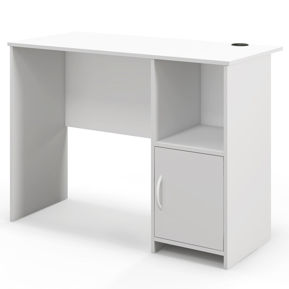 Modern white computer desk featuring an open shelf and cabinet for storage, ideal for study or office use.