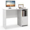 Modern white computer desk with a cabinet and open shelf, showcasing a sleek design suitable for any workspace.