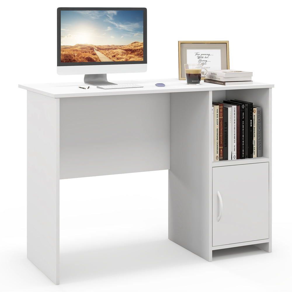 Modern white computer desk with a cabinet and open shelf, showcasing a sleek design suitable for any workspace.