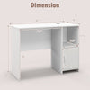 Modern computer desk in white with dimensions, featuring an open shelf and cabinet for versatile storage solutions.