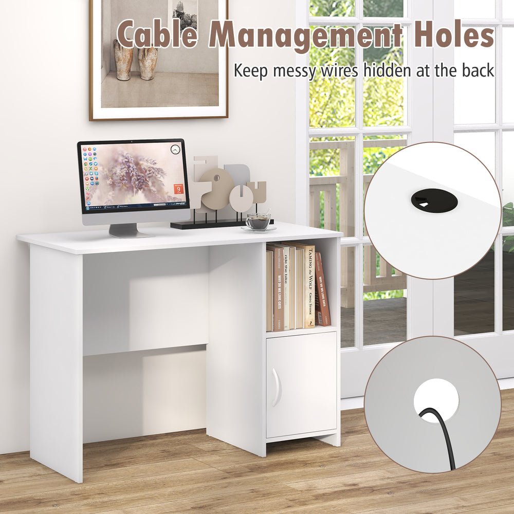 Modern white computer desk featuring a spacious top, cabinet, and cable management holes for organized electronics.