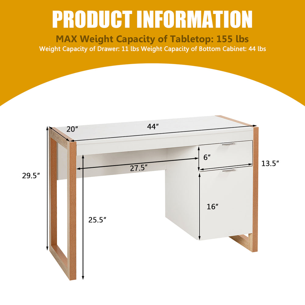 Modern white computer desk with large drawer and cabinet for ample storage, perfect for home office use.