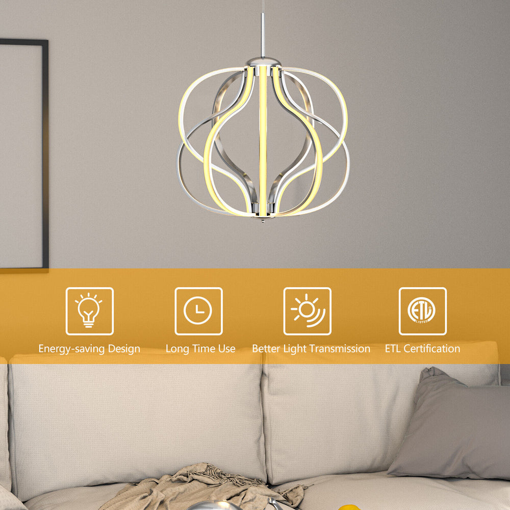 Modern dimmable LED chandelier with adjustable height, 3000K warm white light, ideal for dining rooms and living spaces.