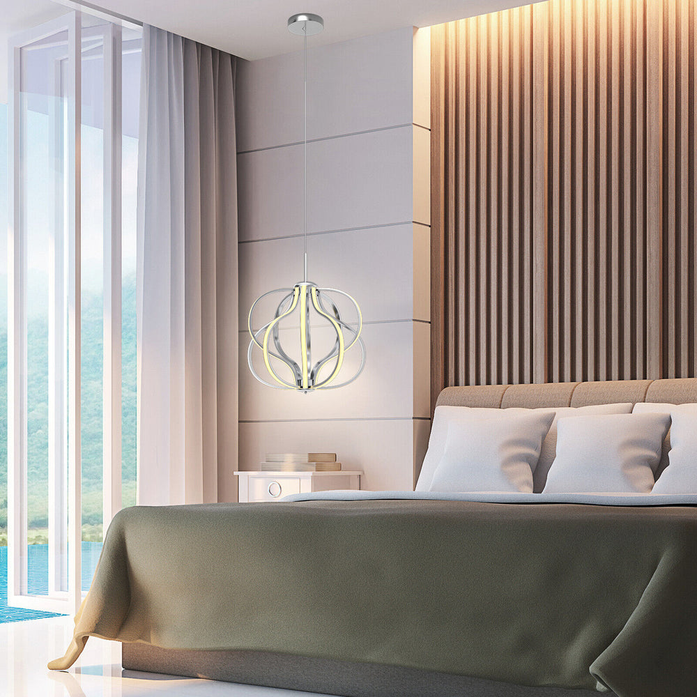 Modern LED chandelier with adjustable height, warm white light, ideal for bedroom or dining room decor.