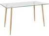 Rectangular glass dining table with wood grain imitation metal legs, ideal for home or office use, featuring adjustable.