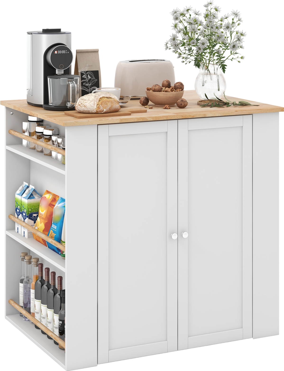 Costway Modern Kitchen Island with Rubber Wood Countertop and Storage New