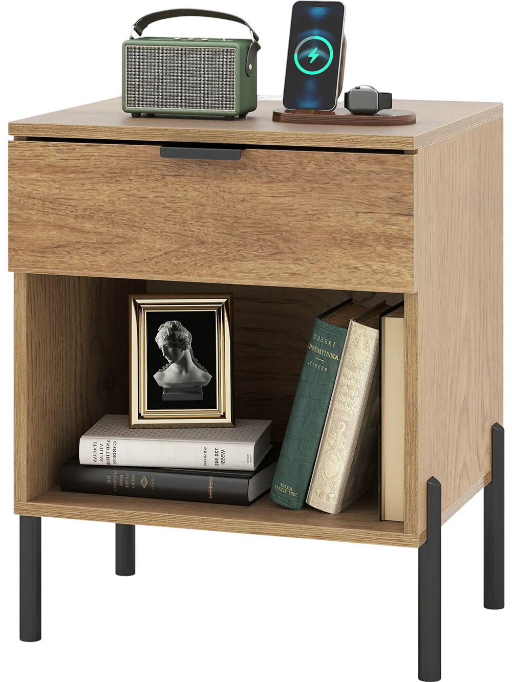 Modern nightstand in natural finish featuring a storage drawer, open compartment, and built-in charging station.