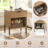 Modern nightstand with a pull-out storage drawer and open compartment, featuring a natural wood finish and charging.