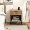 Modern nightstand with charging station, natural wood finish, storage drawer, and open compartment for bedside.