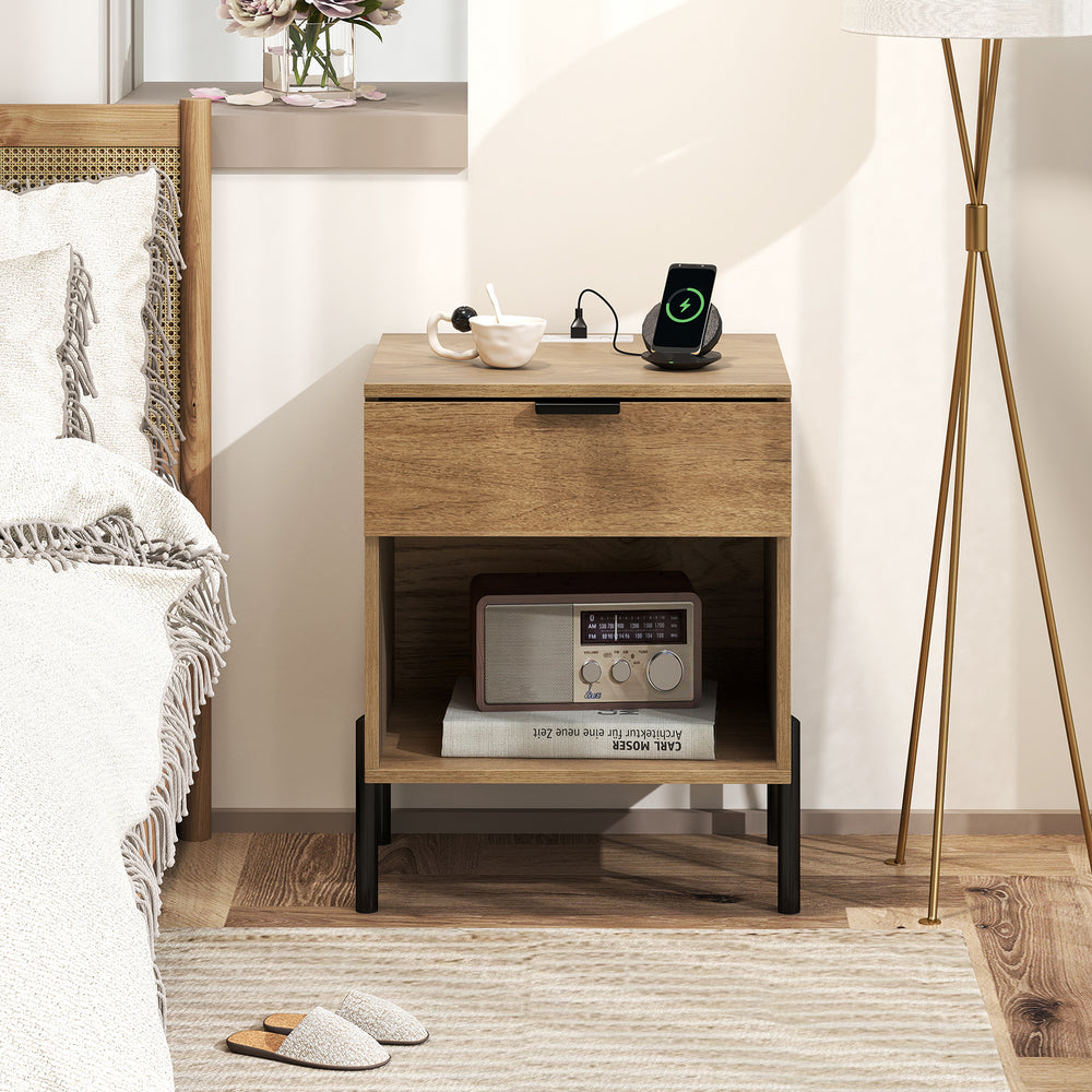 Modern Nightstand with Charging Station-Natural - Gallery View 1 of 9