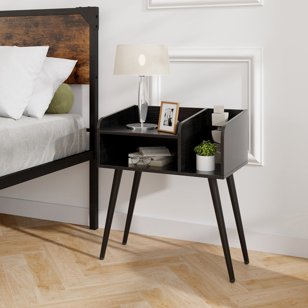 Mid Century Modern Nightstand  with Open Shelves-Black - Gallery View 1 of 9