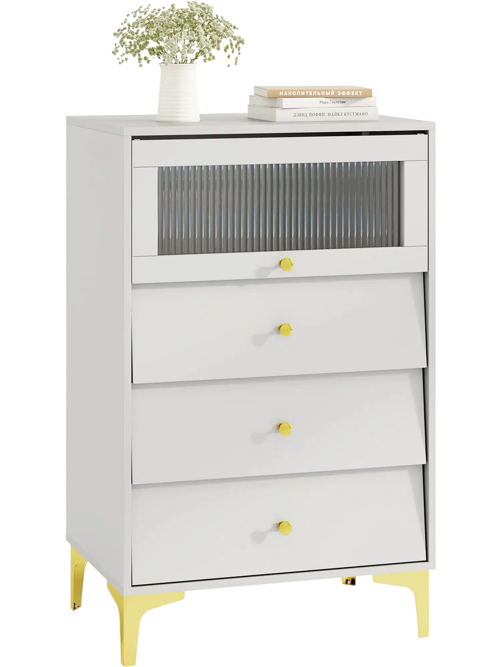 Modern gray storage cabinet with fluted glass door and three pull-out drawers, perfect for bedrooms or living rooms.