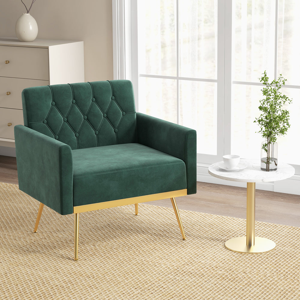 Modern Velvet Accent Chair with Button Tufted Back Golden Metal Legs and Adjustable Foot Pads-Green - Gallery View 1 of 9
