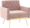 Modern pink velvet accent chair with button tufted back, golden metal legs, perfect for reading or relaxing.