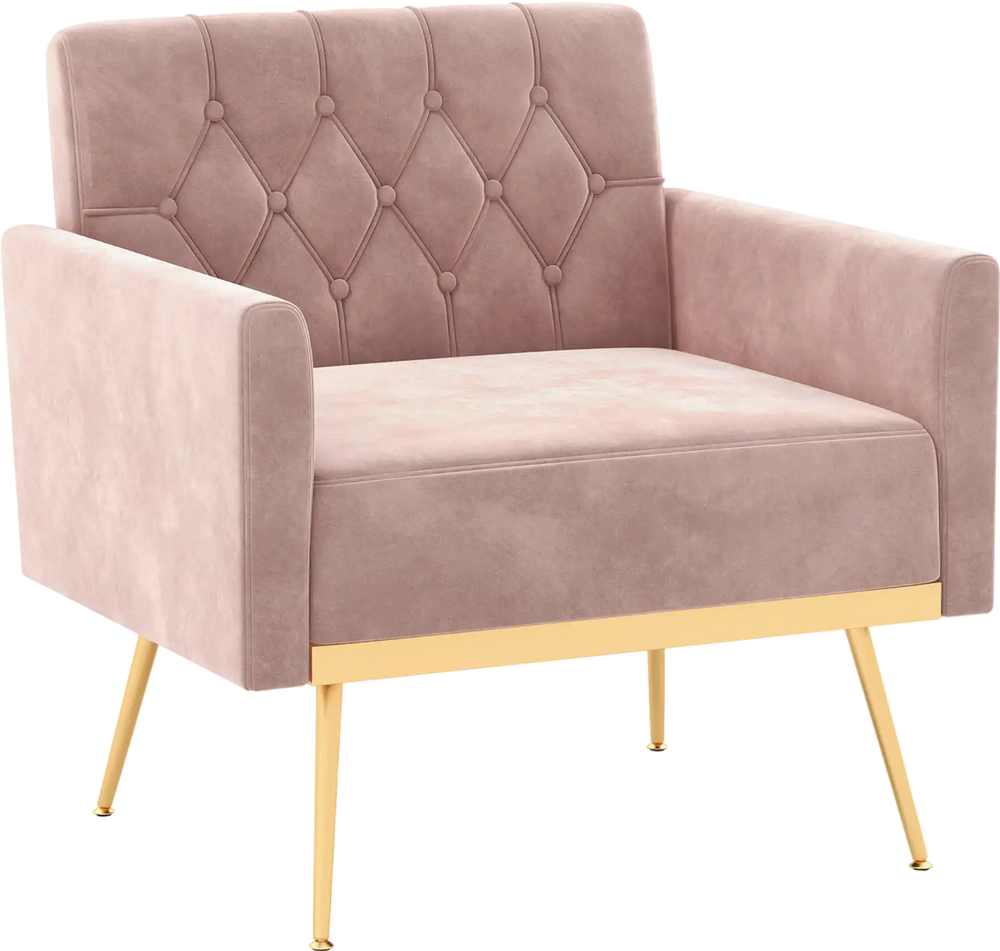 Modern pink velvet accent chair with button tufted back, golden metal legs, perfect for reading or relaxing.