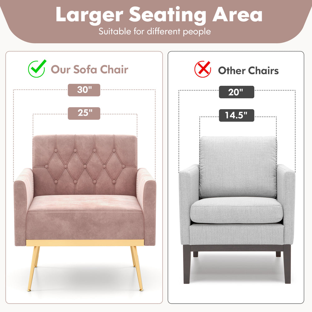 Modern velvet accent chair in pink with button tufted back, wider seating area, and golden metal legs for added.