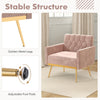 Modern pink velvet accent chair with button tufted back, golden metal legs, and adjustable foot pads for stability.