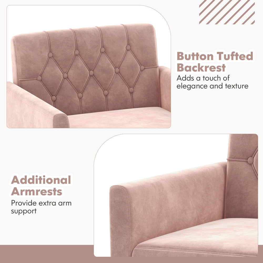 Modern velvet accent chair in pink with button tufted backrest and armrests, ideal for comfort and style in any space.