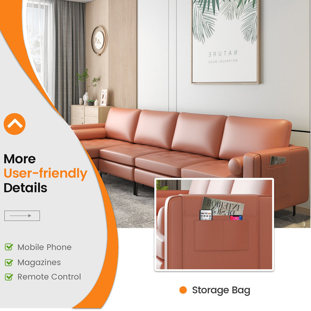 Modular L-shaped 4-seat sectional sofa in pink with reversible chaise, USB sockets, and side storage pocket for.