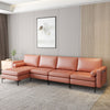 Angled view of the pink modular L-shaped sectional sofa showcasing its spacious design and soft back pillows for.