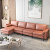 L-shaped pink sectional sofa featuring a spacious design, soft back pillows, and sturdy metal legs for durable comfort.