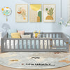 Montessori bed frame in gray with full-length guardrails and safety door, designed for children's independence and.