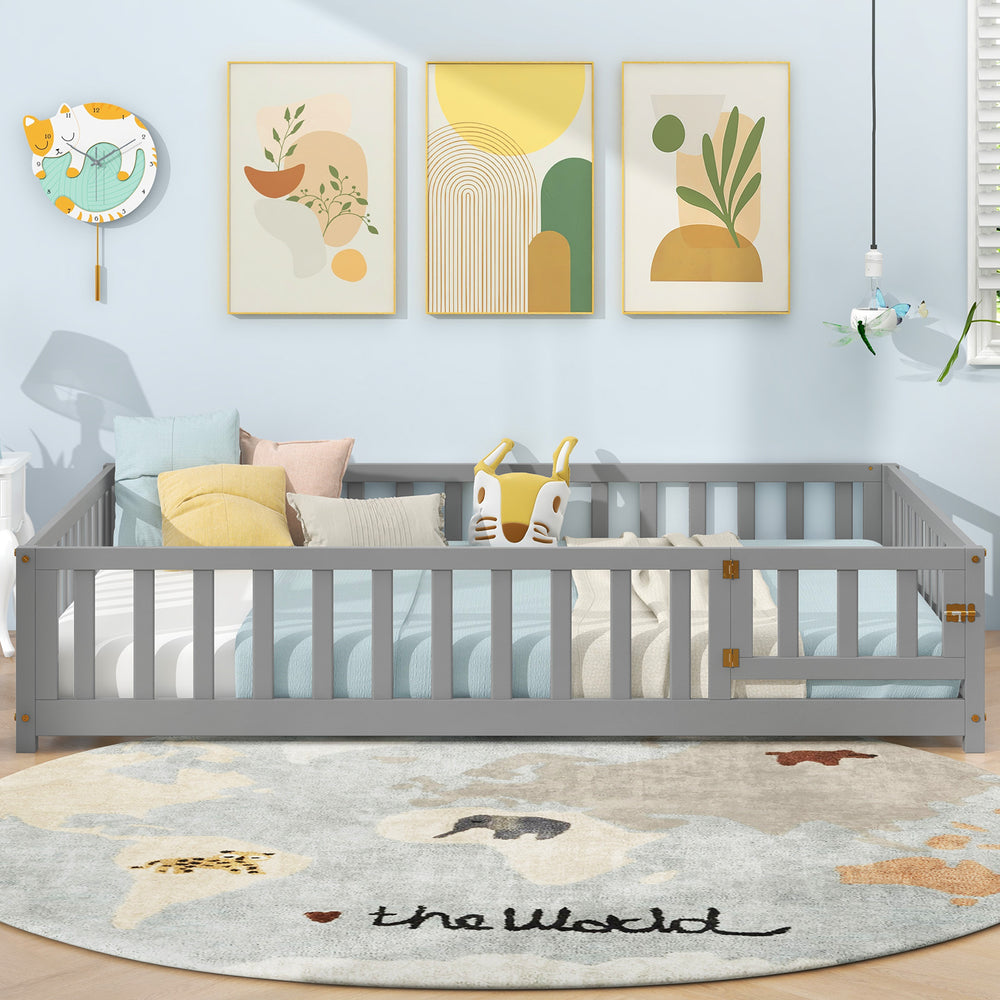 Montessori Bed Frame with Full-length Guardrails Safety Door and Latch-Gray - Gallery View 1 of 10