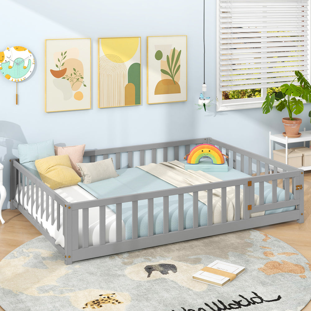 Montessori bed frame in gray with full-length guardrails and safety door, ideal for children's independence and safety.