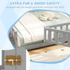 Close-up of Montessori bed frame latch detail in gray, featuring full-length guardrails for added safety and.